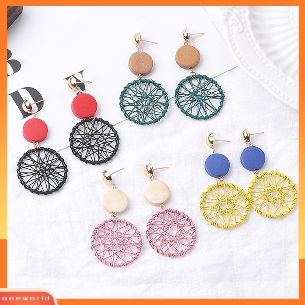 [WONE] Vintage Wanita Kayu Bulat Dreamcatcher Statement Stud Earrings Perhiasan Hadiah