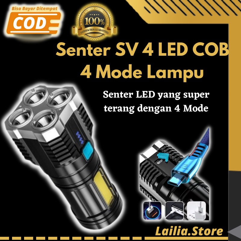 Lampu Senter LED 4 Mata + P900 COB Super Terang / Emergency Flashlight Searchlight USB Rechargeable LS