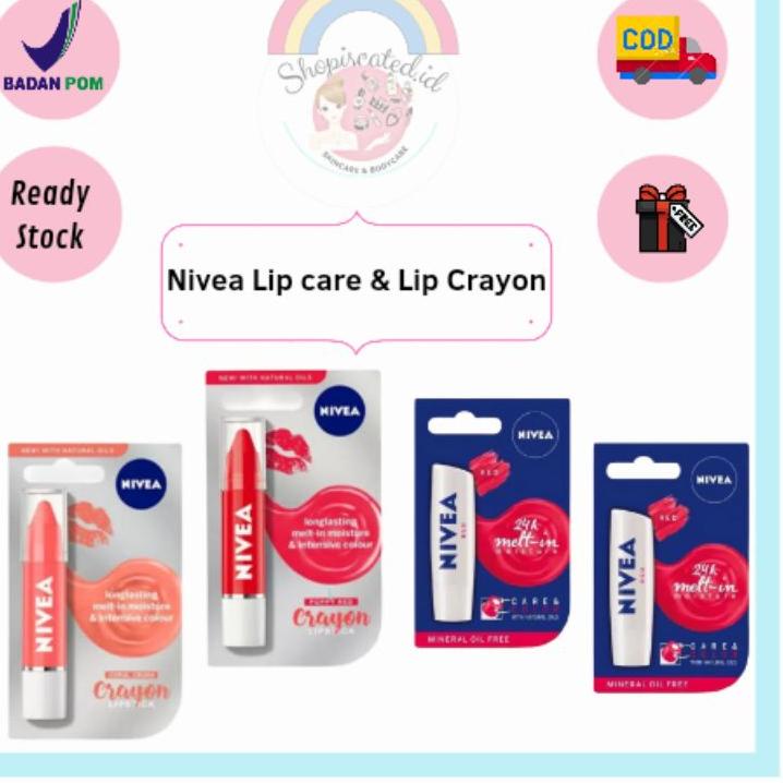 Top Product--(BPOM)Nivea Caring Lip care Balm Red Shine 4.5gr/ Nivea Lip Crayon Poppy Red& Coral