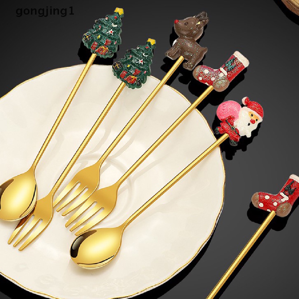 Ggg 2PCS Christmas Gift Sendok Garpu Sendok Garpu Set Rusa Dekorasi Pohon Natal Dessert Spoon Fruit Fork Sendok Kopi Cutlery Gift ID