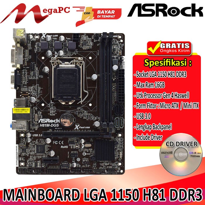 Paket Rakitan Mobo Intel LGA 1150 H81 + Core i3 4130 + Fan + RAM + SSD 512GB + Windows