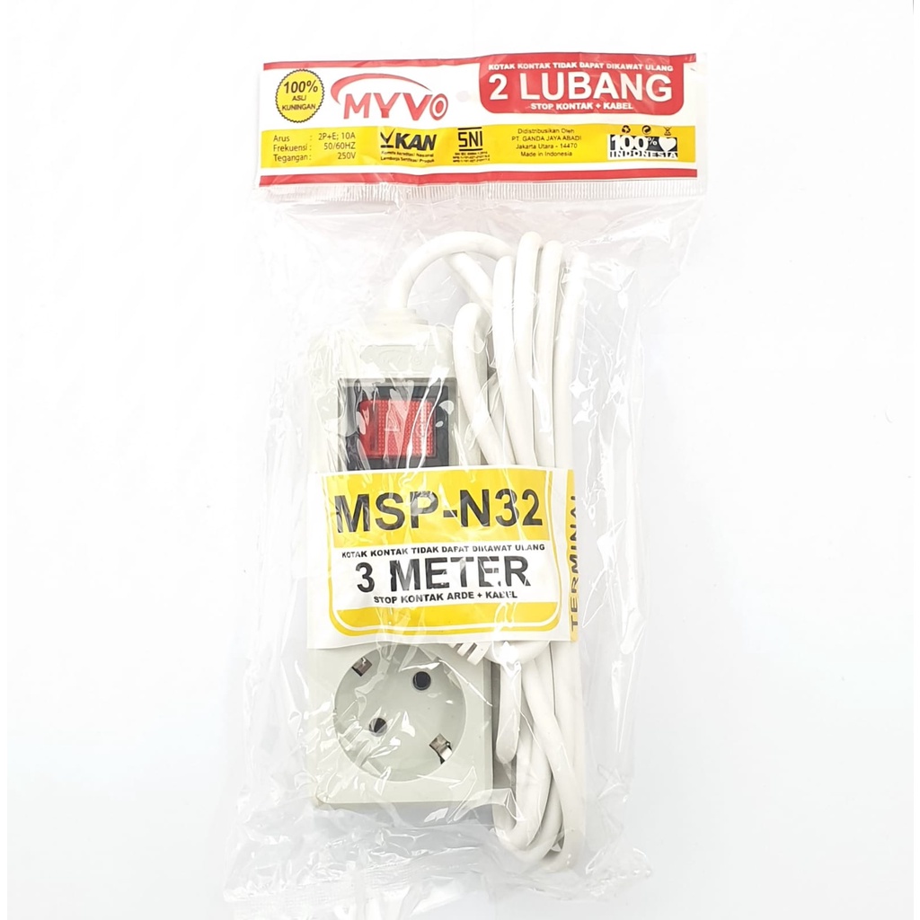 MSP-N32 3M 2L Myvo Stop Kontak Arde Saklar Lampu Kabel 3 Meter 2 Lubang / Colokan Listrik