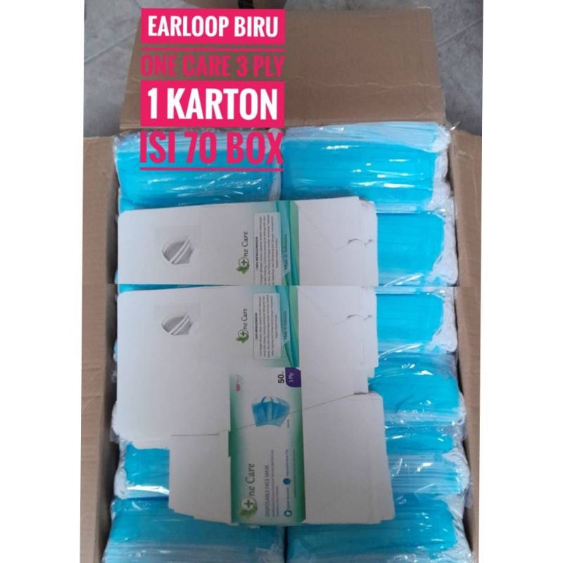 Masker Earloop Biru One Care 3 ply 1 Karton Isi 70 Box