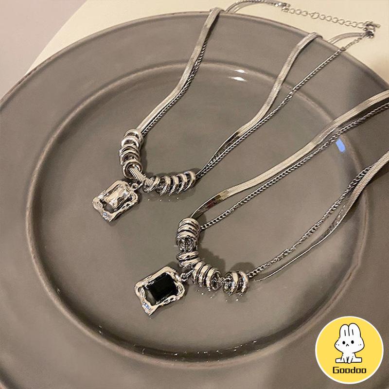 Kalung Wanita Square Zircon Lapisan Ganda Rantai  Hip Hop   Musim Dingin Musim Gugur  Desain Sense -Doo