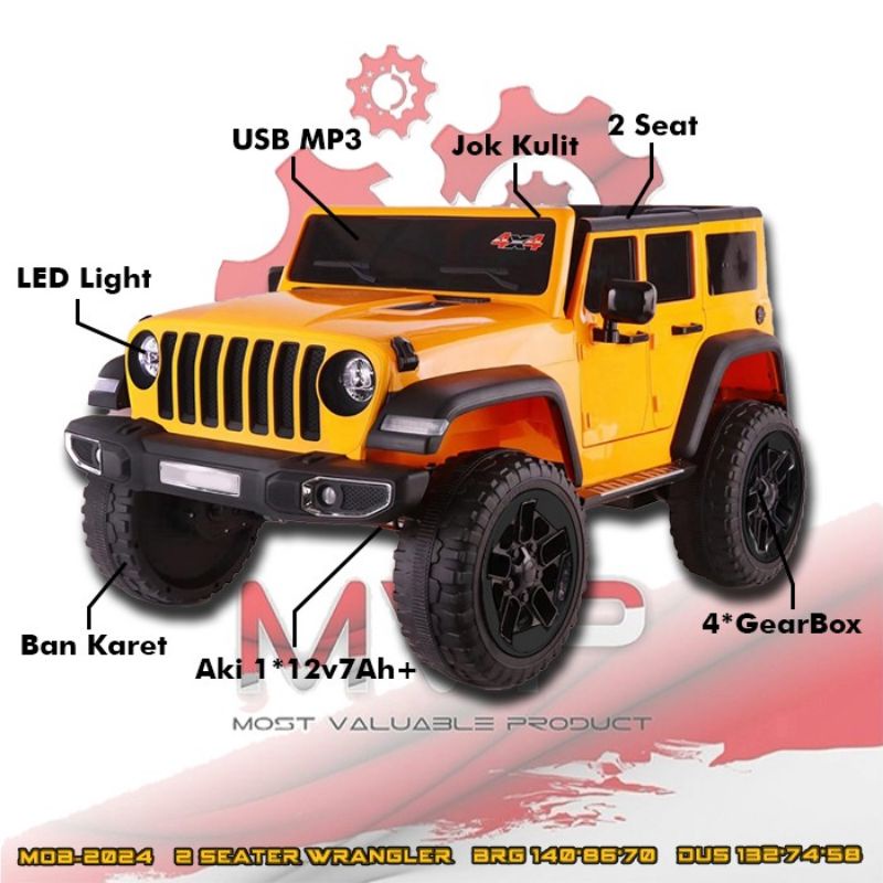 Mainan Anak Mobil Aki 2 Seater Ban Karet Wrangler MOB 2024