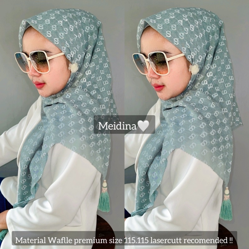 hijab segi empat wafle motif 8 jambul tassel mutiara