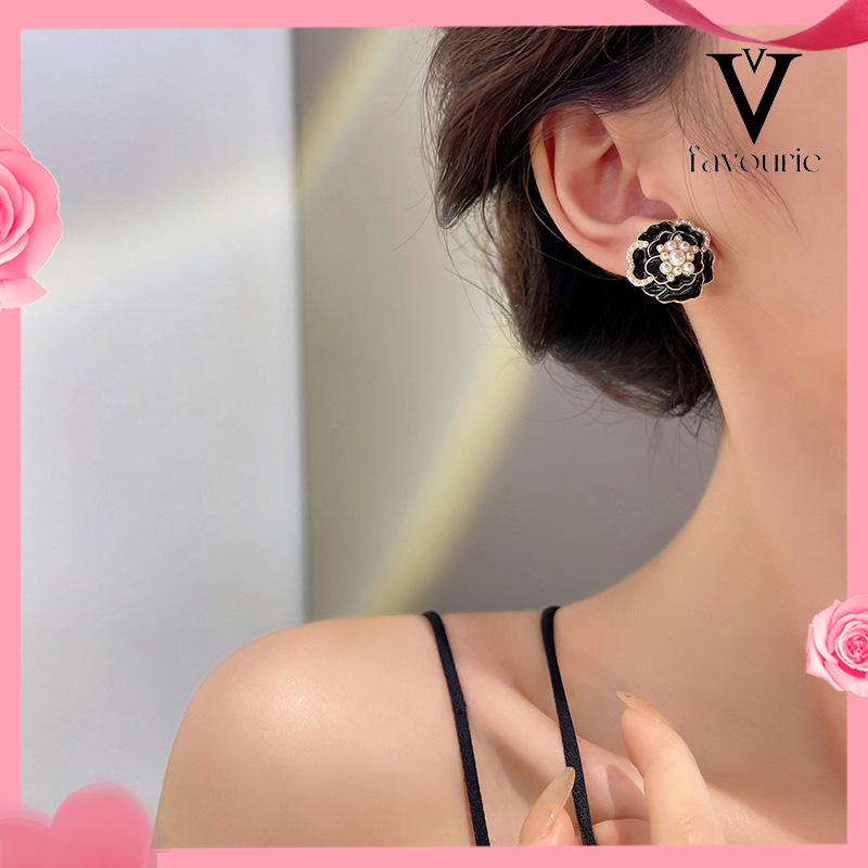 COD925 anting-anting mutiara Camellia Retro anting-anting bunga berlian-FA