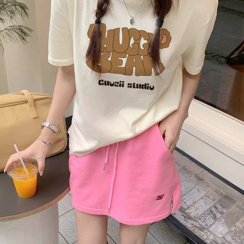 Print T-shirt Kaos Lengan Pendek Cartoon Bear Ears Atasan Wanita Oversize Korean Style