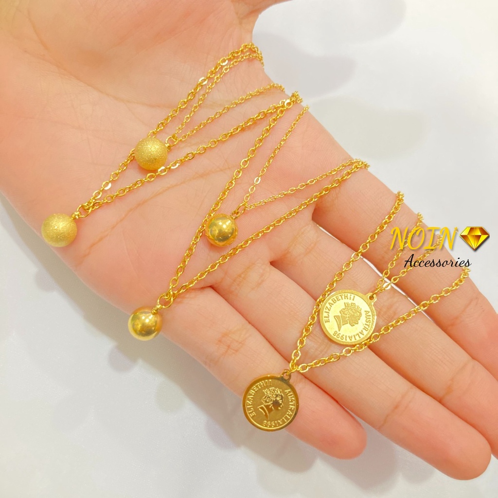 Kalung 2 Layer Titanium Gold Bola Koin Korean Style