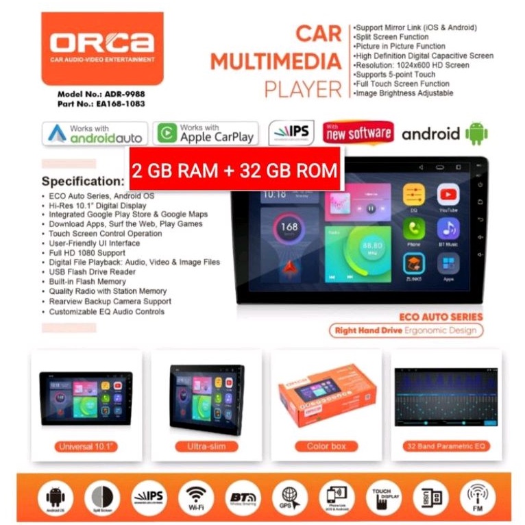 New Head Unit Android ORCA ADR 9988 2 / 32 Gb ANDROID ORCA ECO Series Original