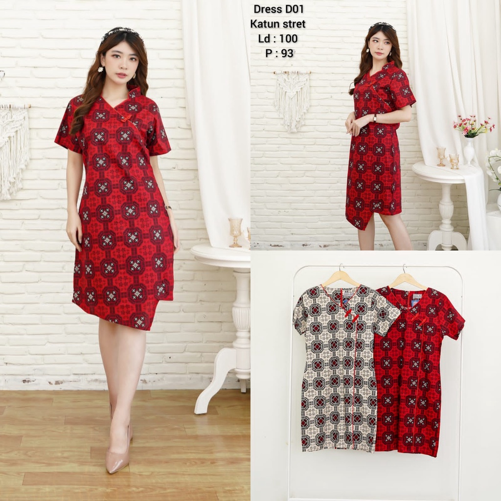dress batik wanita modern model cheongsam/dress batik merah wanita/dress motif batik wanita BUNKA D-