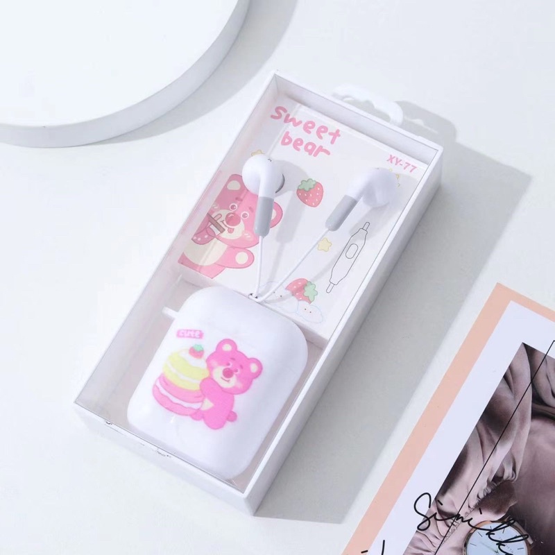 [XY 77] Set Headset Earphone karakter SERI XY 77 motif Sweet bear so cute / + Wadah Earphone Motif in ear