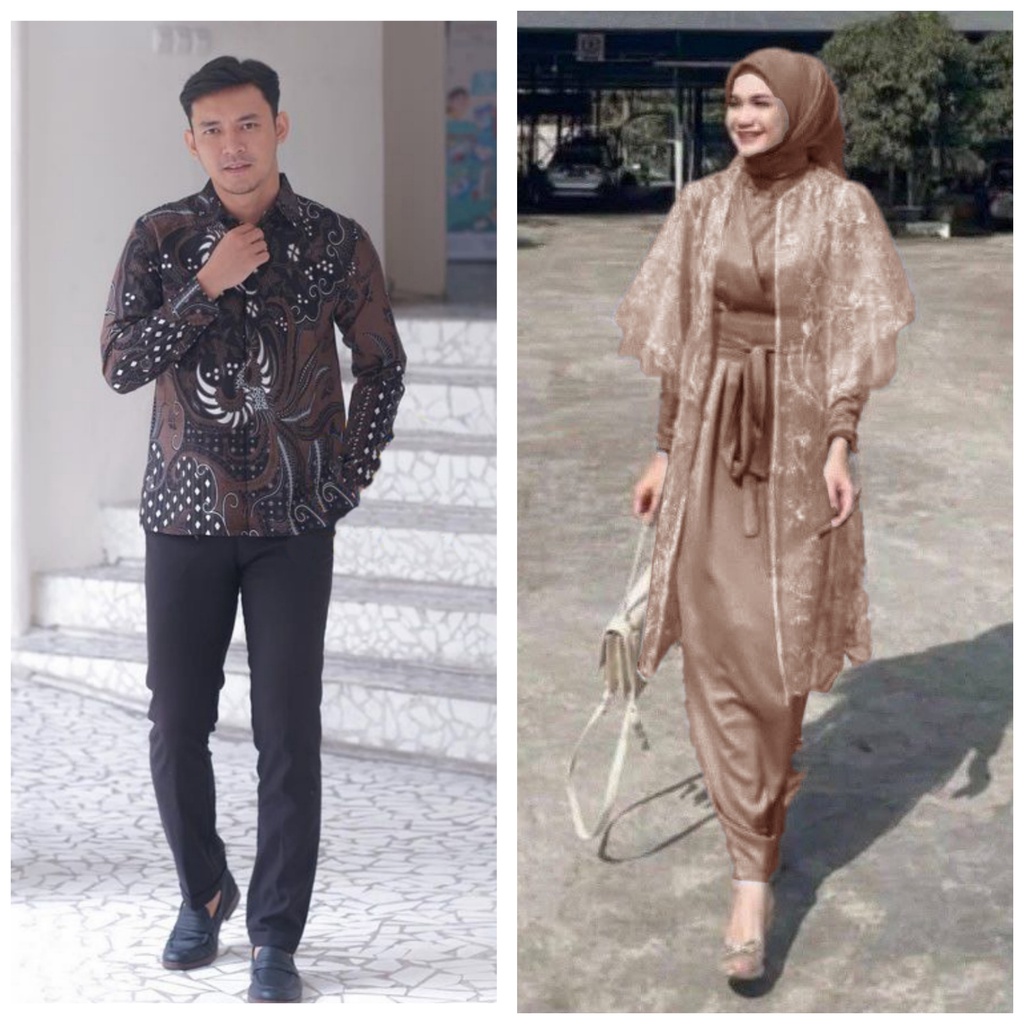 SHOPASHOP SOLO Batik Couple Dress Raya Kimono belt &amp; outer tulle mutiara Kombinasi Kemeja batik Lengan panjang