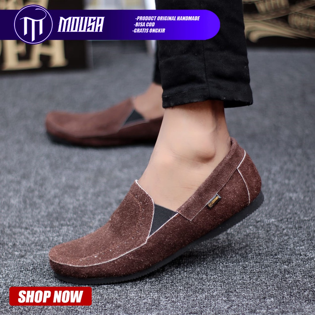 Sepatu Slip On Casual Pantofel Kulit Suede Slop Kerja Pria Mousa Jester