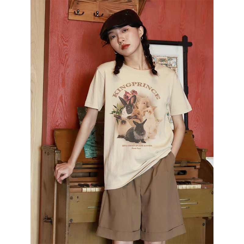 [chaoo.id]3 warna 100% Katun Graphic Tee Baju Wanita Cute Rabbit Atasan Wanita Oversize Kaos Putih T-shirt Couple Korean Style