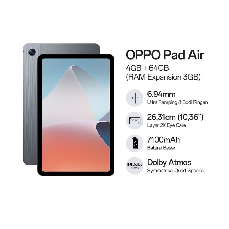 OPPO Pad Air 10.36" Tablet 4/6GB RAM 64/128GB Layar 2K IPS LCD Snapdragon 680 - Abu-abu, Perak