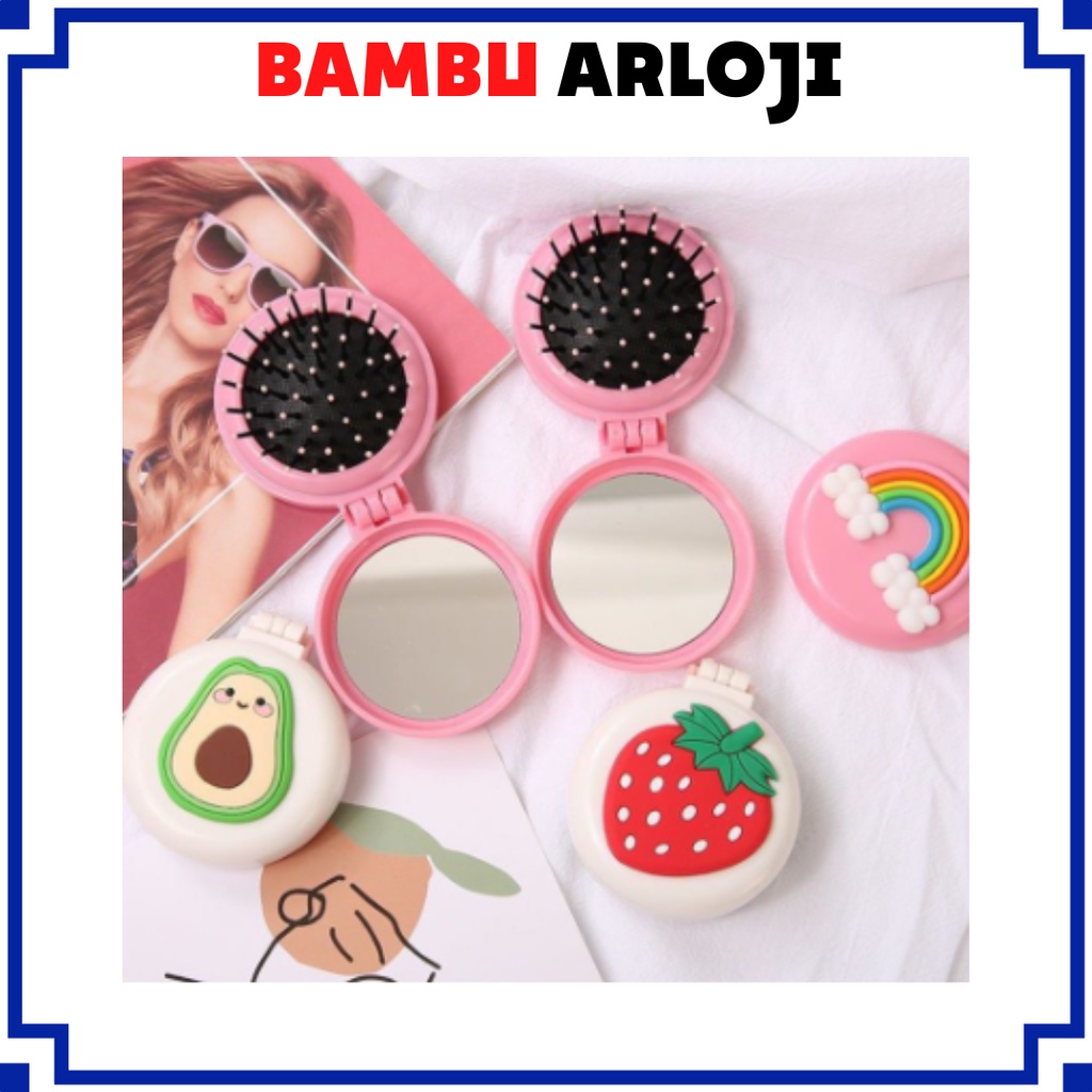 BAJ Cermin make up set sisir lipat portable travel traveling 2 in 1 karakter lucu Sisir Lipat Bulat Dengan Cermin Anti Kusut AK087