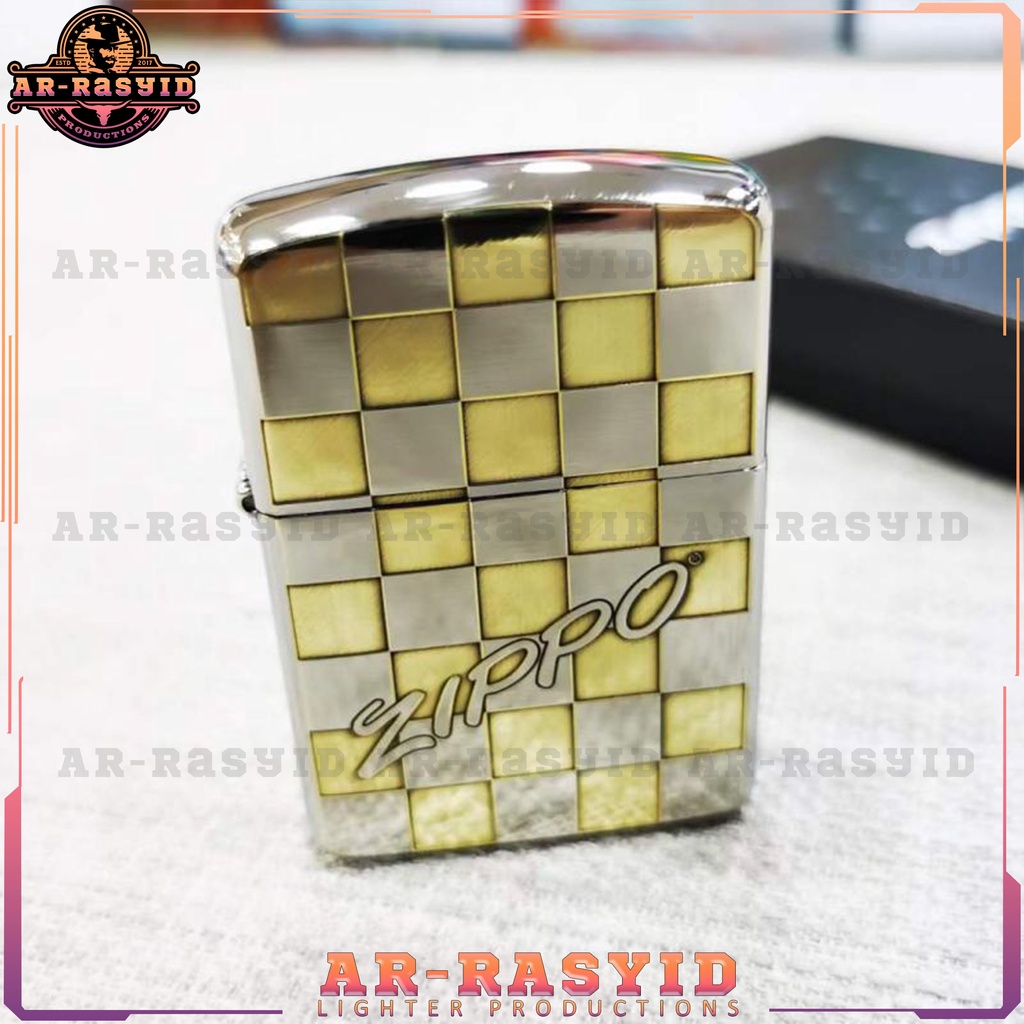 BISA COD! Korek Api Minyak Zippo Silver Motif Square Grid Papan Catur 3845-42