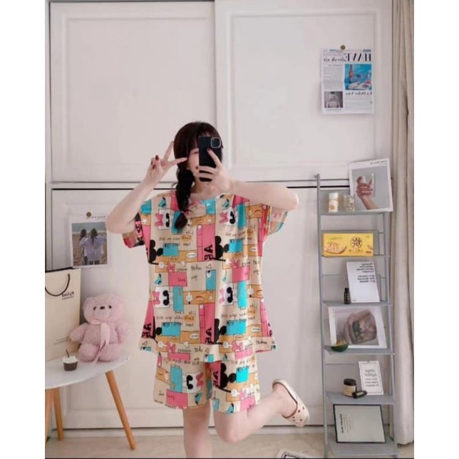 BAJU TIDUR WANITA STELAN HOTPANTS IMPORT SPANDEK MOTIF KARAKTER MURAH