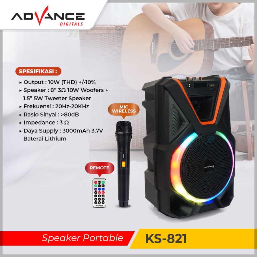 Speaker Bluetooth Portable ADVANCE KS-821 Free Mic Wireless | KS 821 Extra Bass Subwoofer | Advance Speaker Aktif 8 Inch KS-821 Bluetooth USB TF FM Radio | FMS