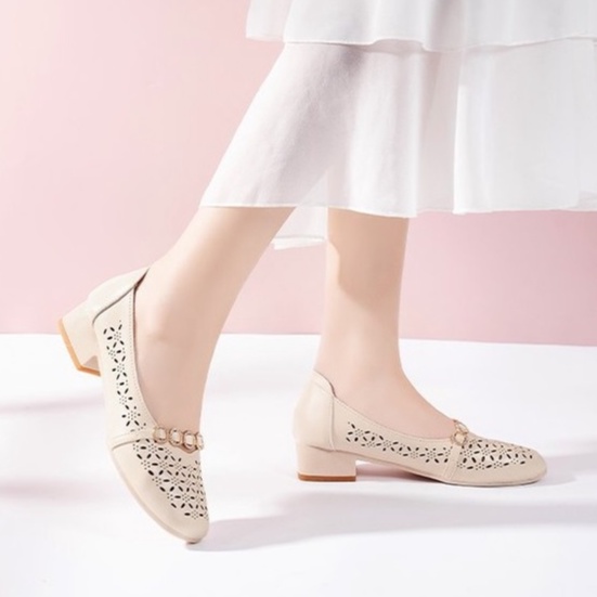 Sepatu Kerja Perempuan Import Sendal Hak Chunky Wanita Retro Kekinian Spatu Kerja Cewek Berongga Import SK-037