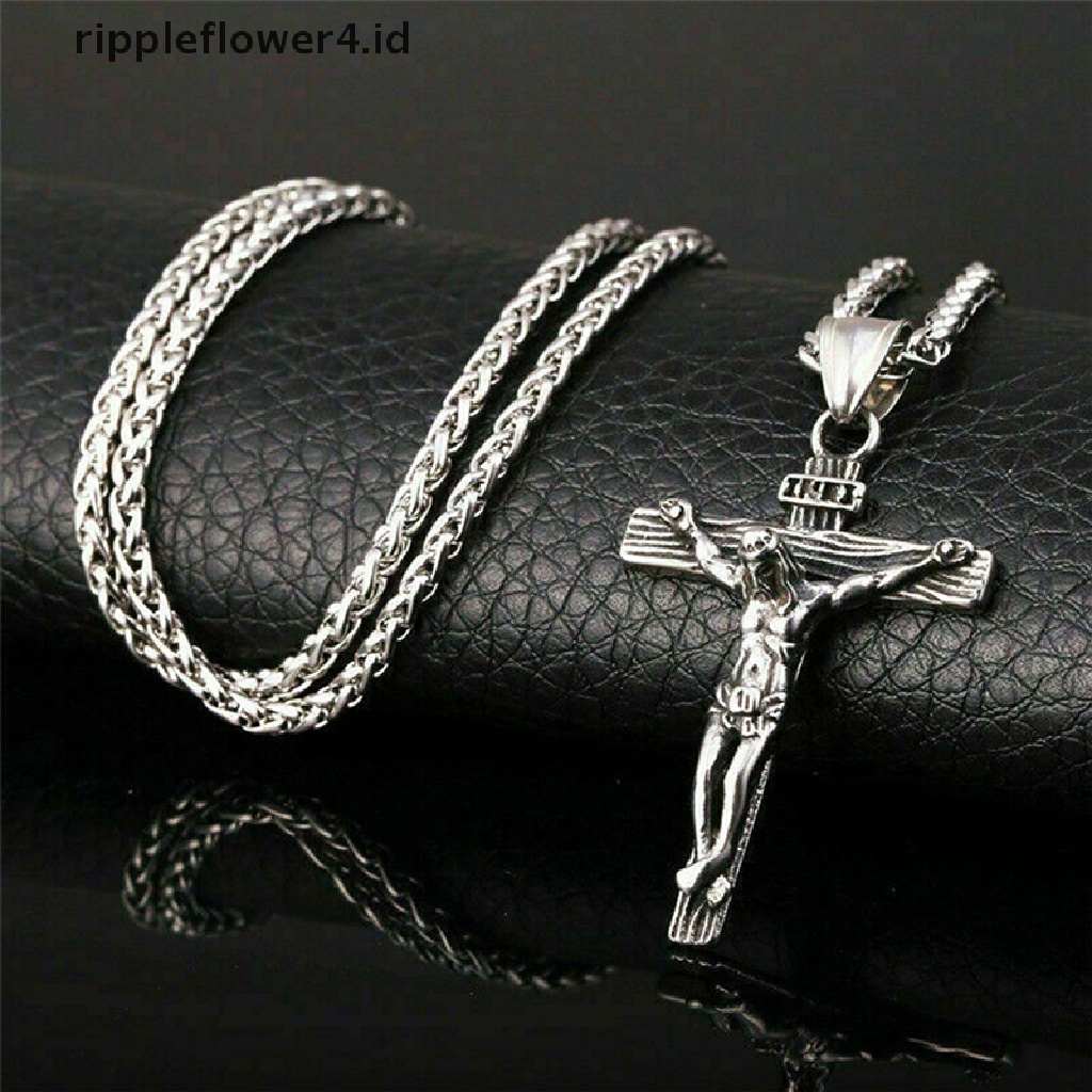 {rippleflower4.id} Rantai Kalung Liontin Salib Yesus Kristus Salib Pria Silver Anti Karat~