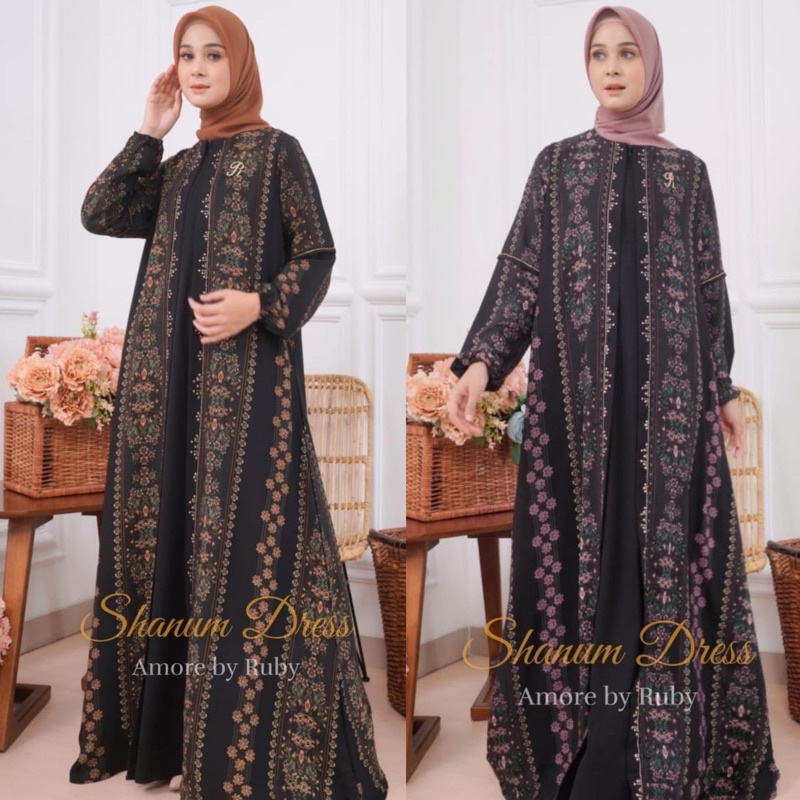 GAMIS HITAM SYARI OUTER SHANUM MOTIF BUNGA CANTIK AMORE BY RUBY DRESS MUSLIM LEBARAN 2023 KEKINIAN