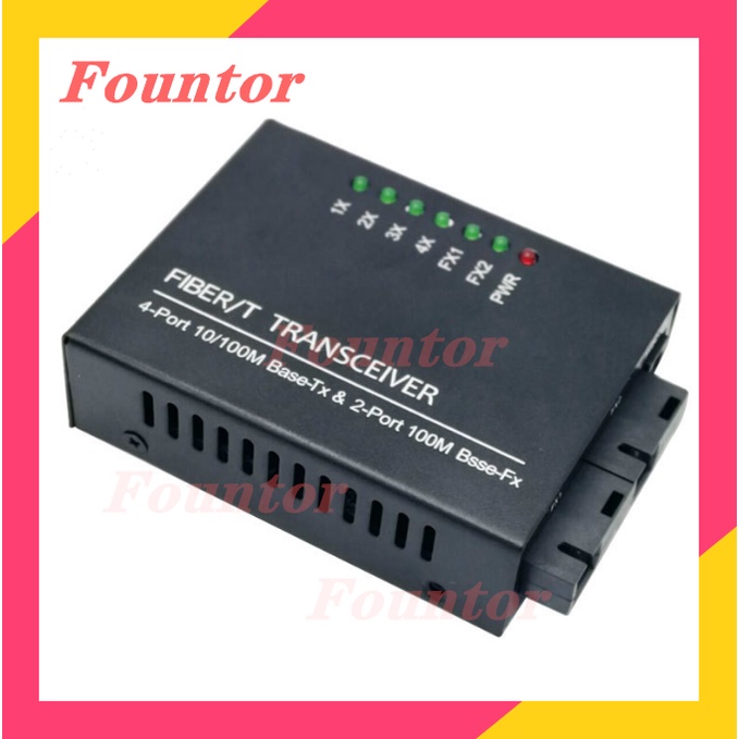 【With adpter】10/100M 2 SC 4 RJ45 Ethernet Fiber Switch Optical Media Converter Single Mode Fiber Port