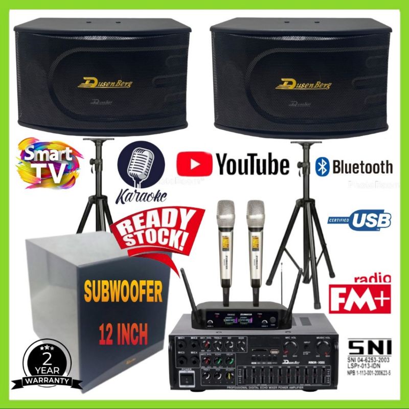 KARAOKE SET DUSENBERG Speaker 10 In, Amplifier, Subwoofer 12 In, 2 Mic Wireless