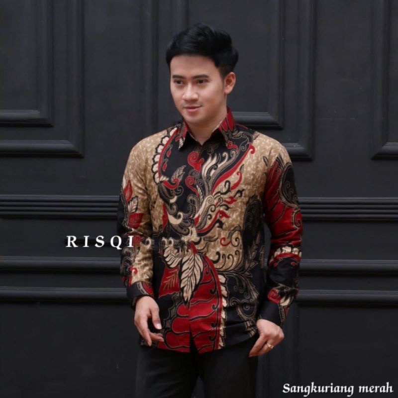 atasan batik kemeja batik pria lengan panjang motif Sangkuriang merah