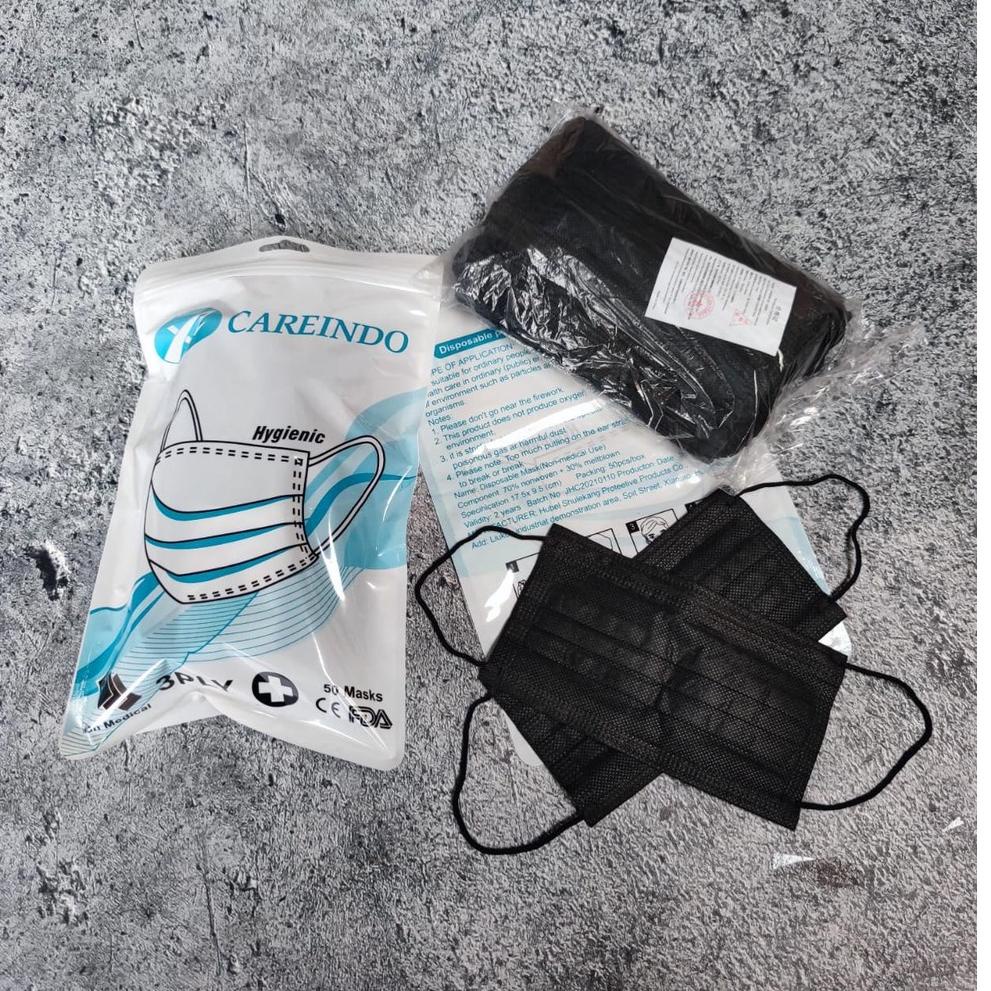 ₫ CAREINDO 3PLY POUCH ZIP - MASKER 3PLY CAREINDO EARLOOP FACE MASK MEDICAL GRADE - BIRU HITAM ㍐