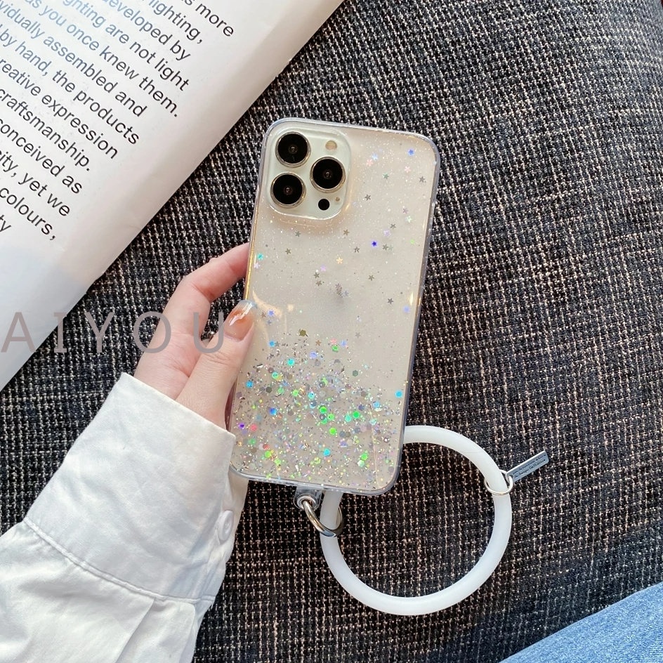 IPHONE Rantai Liontin Gantung Telepon Tali Pergelangan Tangan Ring Holder Case Untuk Iphone14 13 Pro Max11 12 Mini XS XR X6 7 8 Plus SE Bening Glitter Cover