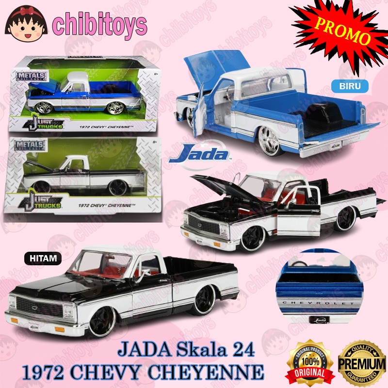 Jada Just Truck 1972 Chevy Cheyenne Hitam Biru Skala 1/24 Diecast Pickup Muscle Car Original