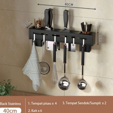 Rak Dapur Dinding Stainless Steel Tempat Taruh Sendok Garpu Pisau 40cm Hitam