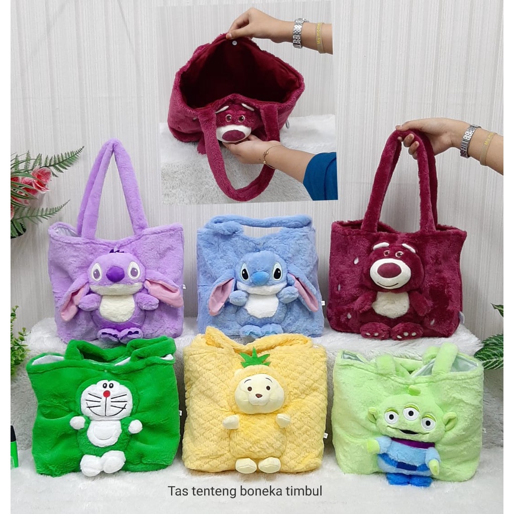 Tas Tenteng Tote Bag Wanita pooh Stitch Doraemon Lotso Timbul/Tas Wanita