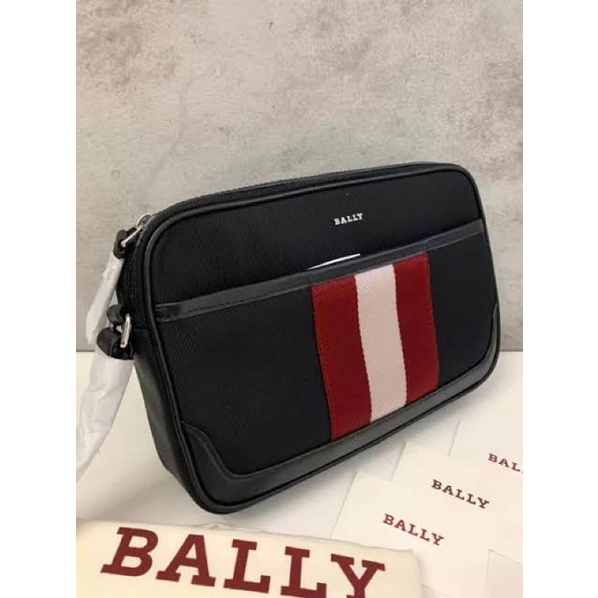 Tas Bally Caliros Clutch Techno Nylon Black Red Original 100%