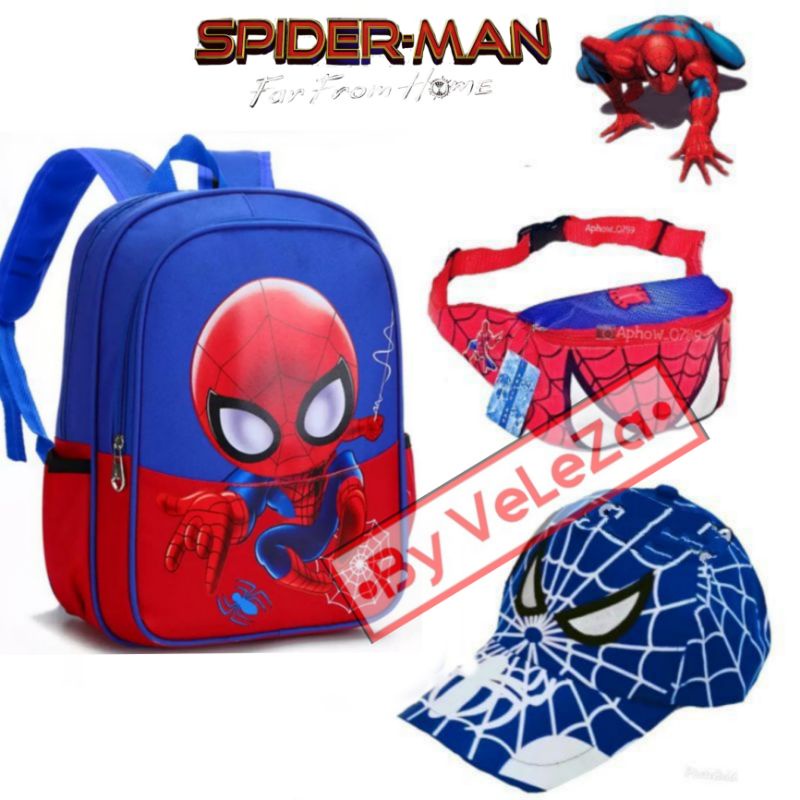 Tas ransel anak karakter superhero spiderman canvas 3in1 - tas + waistbag + jam tangan - tas anak