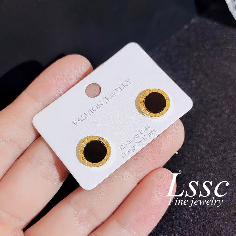 Anting Titanium Anti Karat Bulat Hitam Anting Tusuk Emas 18K Aksesoris Wanita Korea Fashion