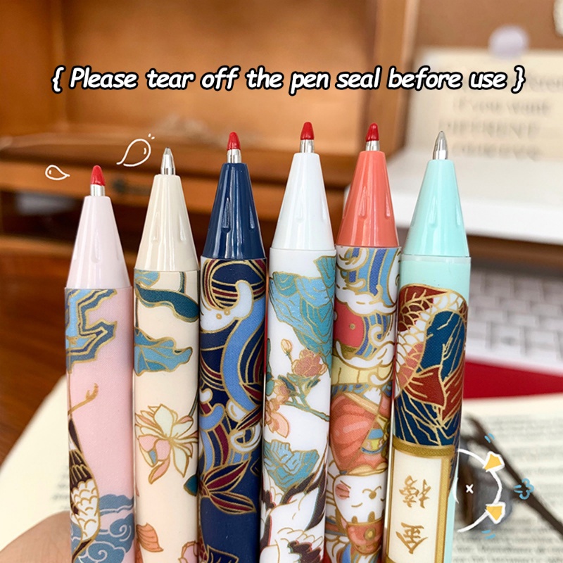 6pcs/set Pena Gel Motif Koi Gaya Cina Tradisional/ Pena Ballpoint Aksi Press Ditarik/ Pena Tanda Tangan Tulisan Halus Alat Tulis Siswa