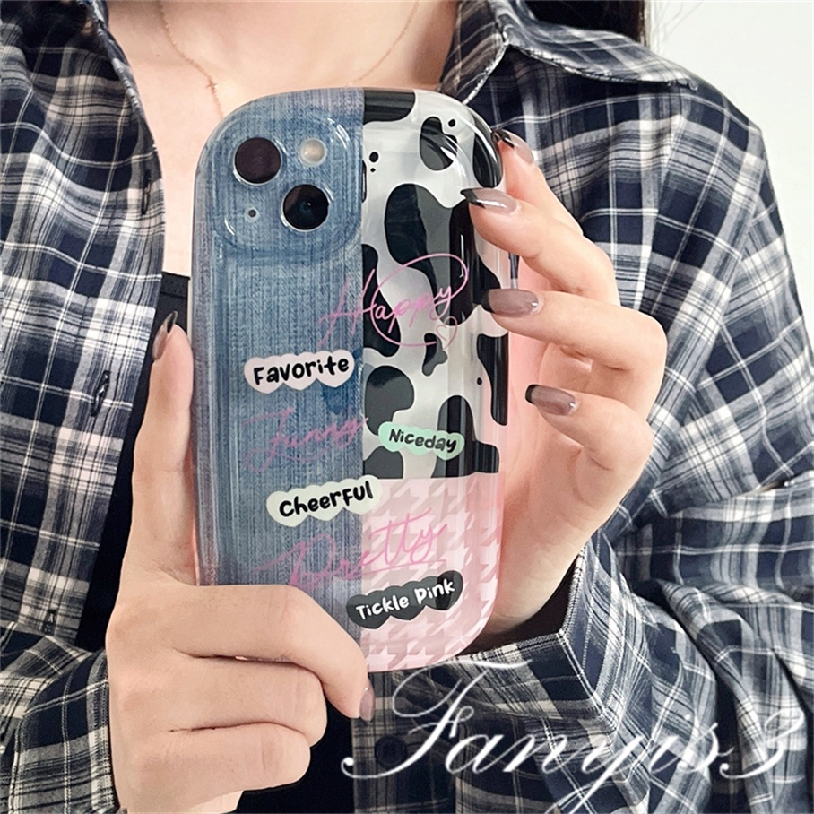 Compatible For IPhone 14 13 12 11 Pro Max X XR Xs Max 8 7 Plus SE 2020 Kompatibel Untuk Denim Cow Milk Phone Case Bening TPU Lembut Cover Pelindung