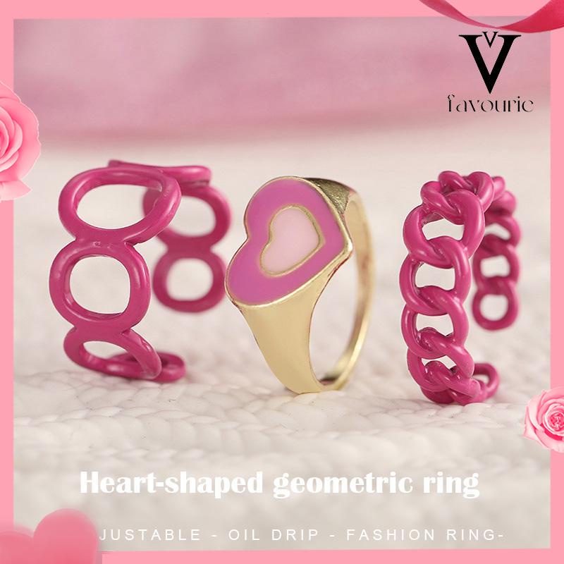COD3PCS Heart Geometry Rings Cincin Geometri Jantung Cincin Mode Menetes Minyak yang Dapat Disesuaikan untuk Aksesoris Perhiasan Wanita-FA