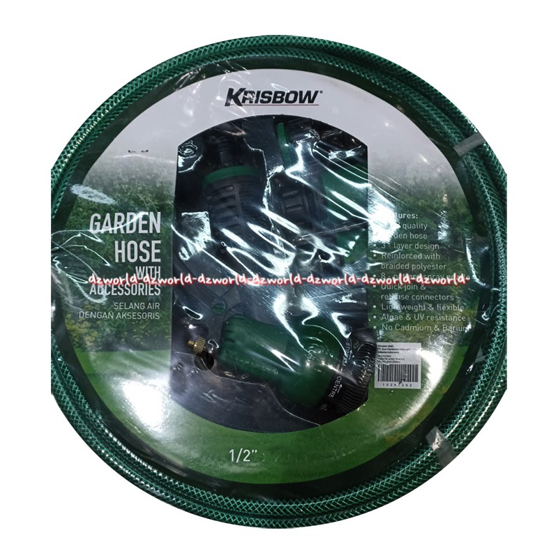 Krisbow 15m Water Hose &amp; Hose Nozzle Set Selang Pipa Semprot 15 Meter Kris Bow Garden Horse With Accesories Selang Set Dengan Kepala Semprot Warna Hijau