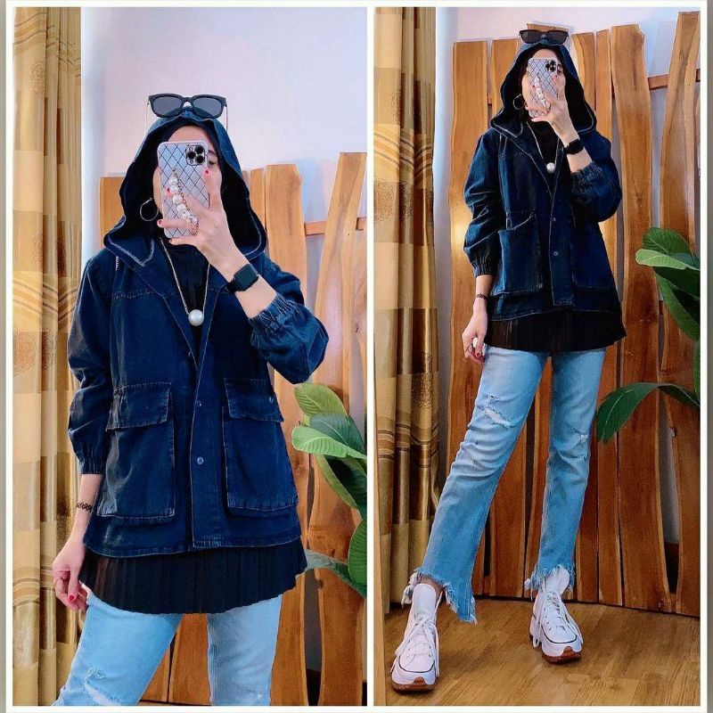 Hoodie Jacket Jeans, JAKET HOODIE WANITA CANTIK FIT XXL LD 120 BAHAN JEANS WASH IMPORT TERMURAH OOTD