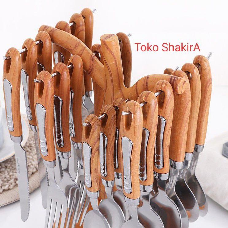 Terbagus.. SENDOK MAKAN KAYU SET TEMPAT SENDOK KAYU UNIK GANTUNG STAINLESS POHON SET 24 PCS
