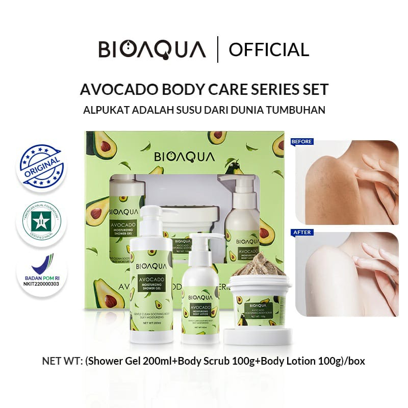 BIOAQUA Avocado Body Care Series Set 3pcs With Body Wash/Body Scrub/Body Lotion Memperbaiki kulit kering