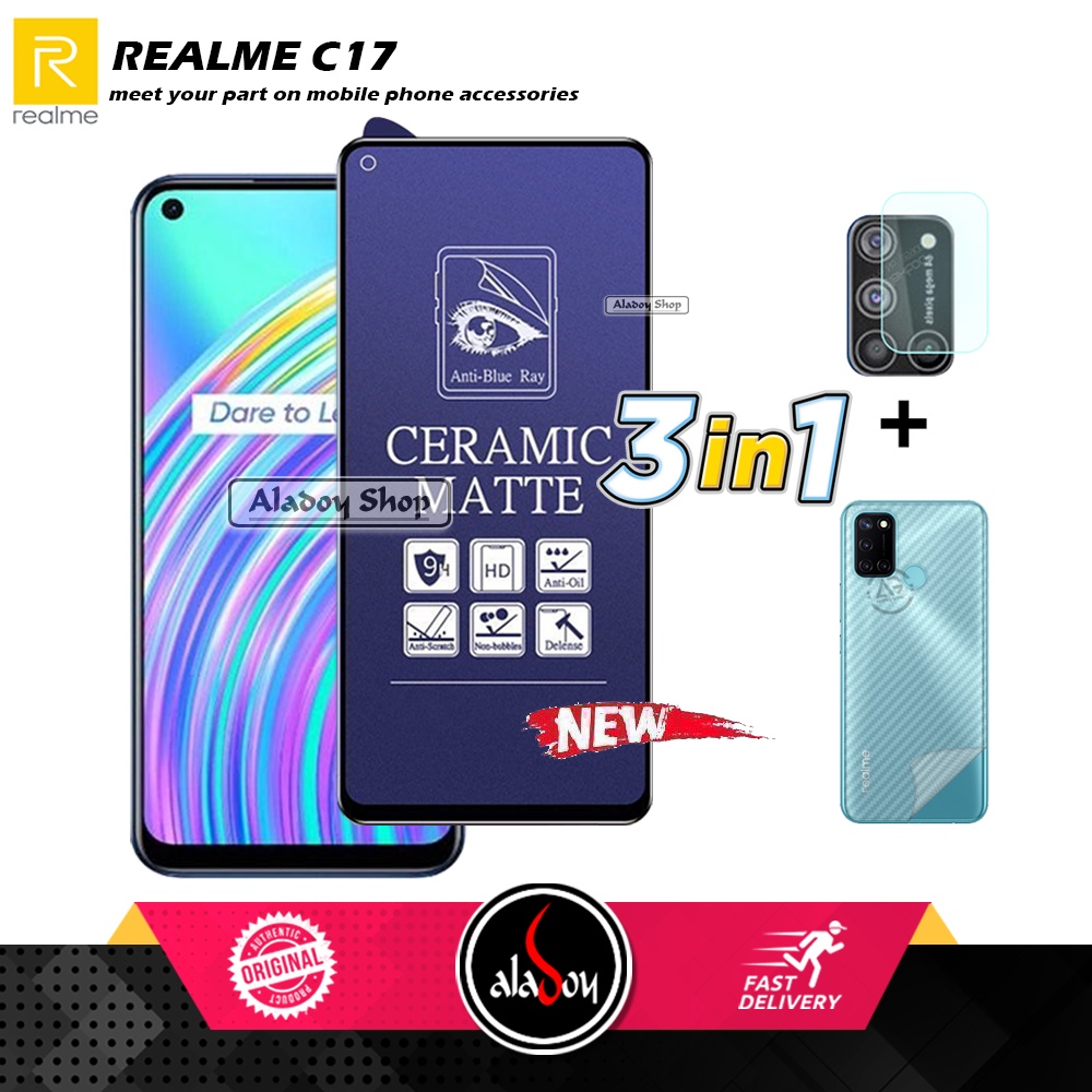 PAKET 3IN1 Anti Gores Blue Matte Anti Glare Realme C17 + Tempered Glass Camera dan Skin Carbon