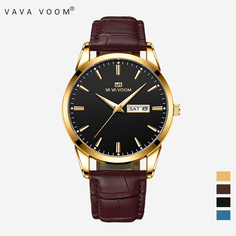 VAVAVOOM Jam Tangan Pria Original Anti Air Tahan Kulit Analog Men Watch Hitam Putih Biru Cod-2501-HK