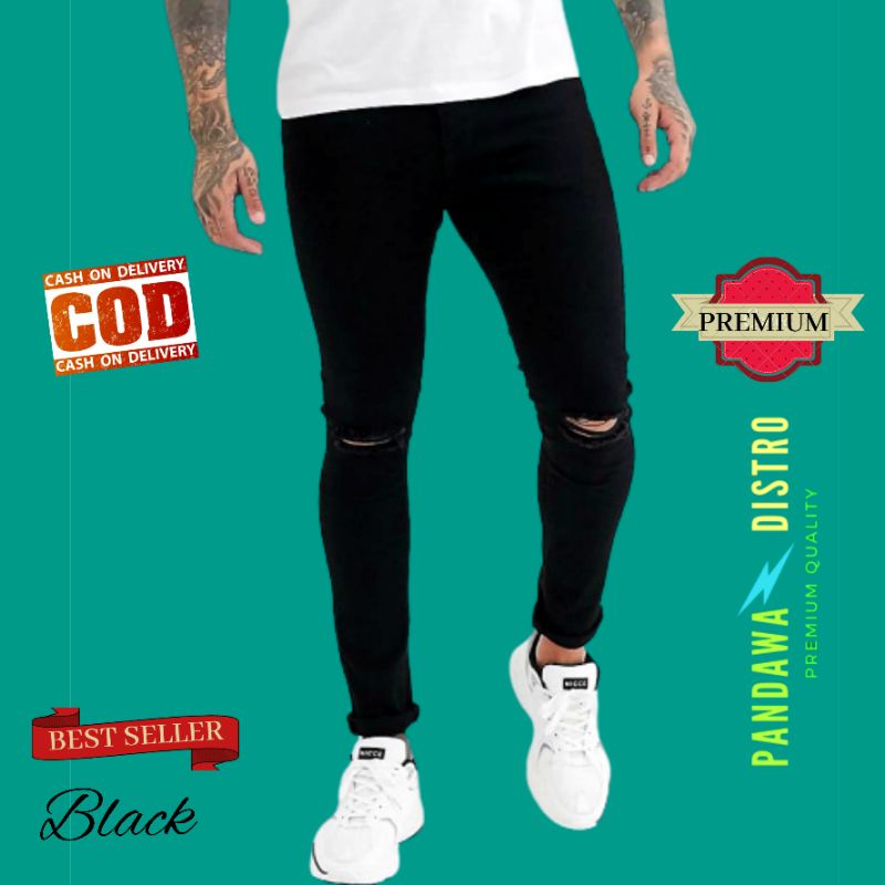 CELANA SOBEK PRIA RIPPED JEANS ROBEK SLIMFIT PENSIL SKINNY STRETCH PANJANG HITAM PREMIUM 27-38