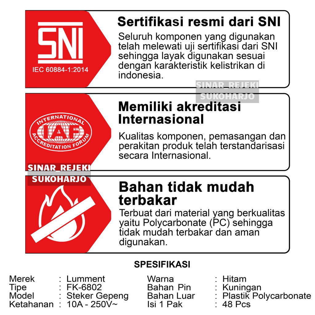 Lumment Steker SNI Colokan Gepeng / non arde Hitam / Putih