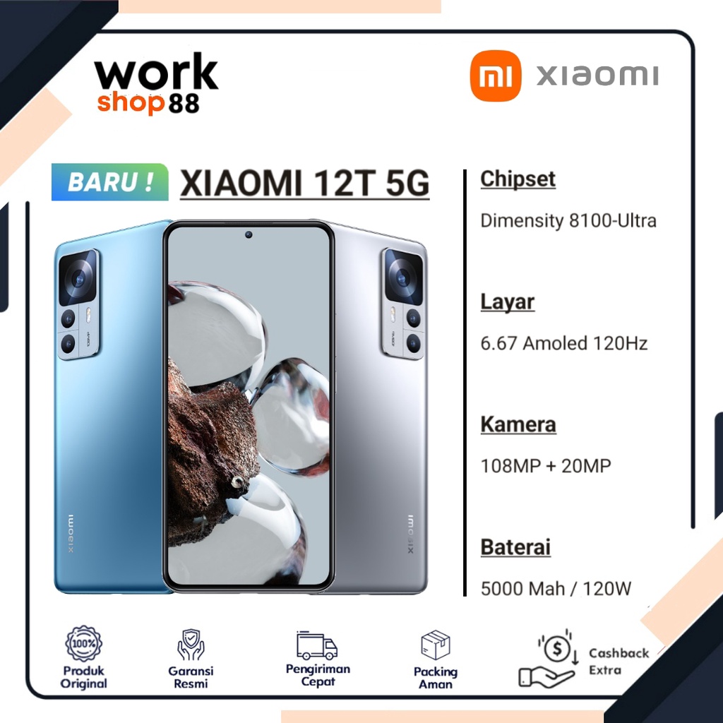 Produk Baru - Hp Xiaomi 12T 5G - [8GB + 3GB Extended Up To Ram 11GB] | Rom 256GB - New Original - Ga
